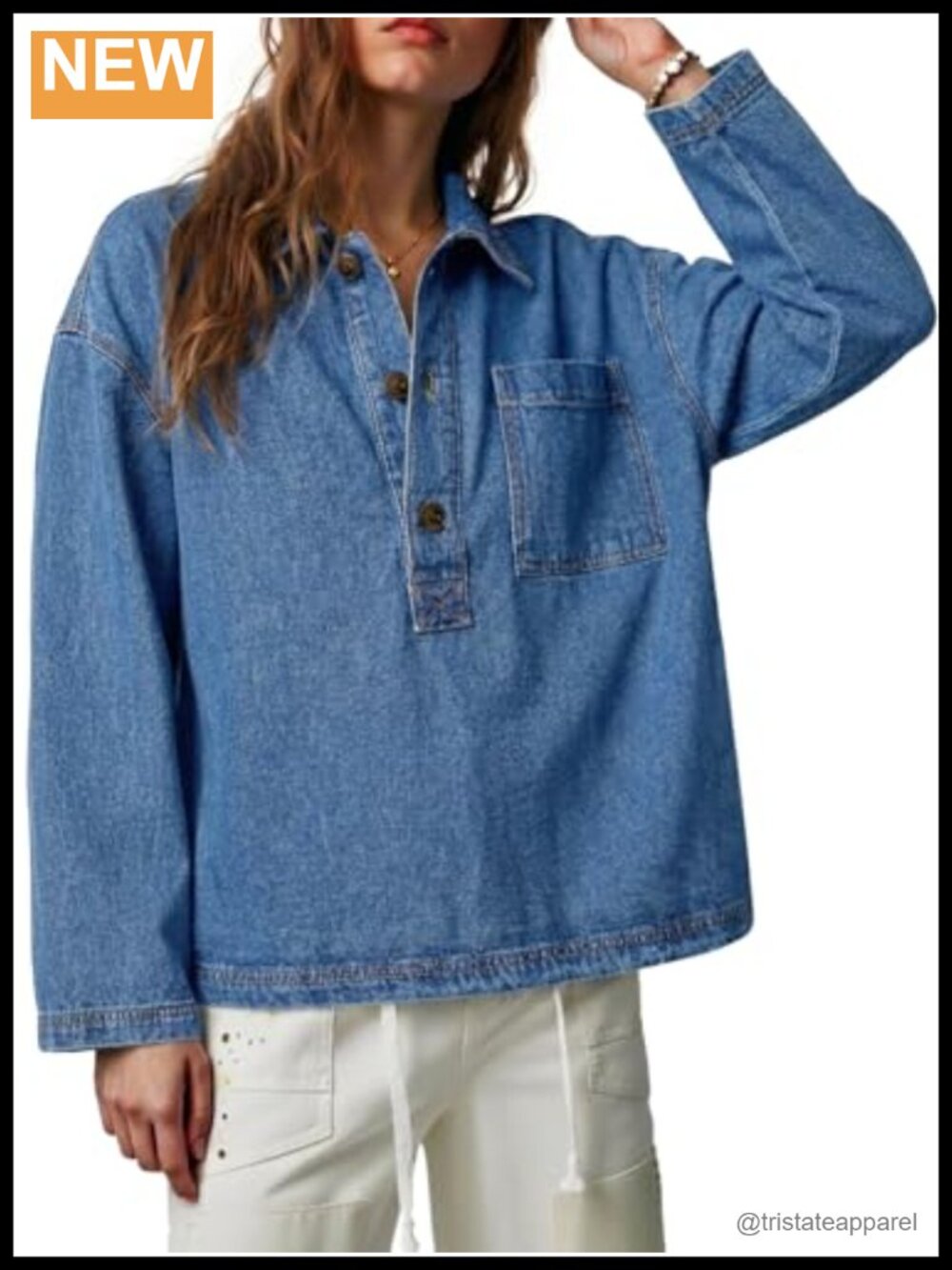 Women's Denim Chambray Button Front Pullover Shirt Long Sleeve
